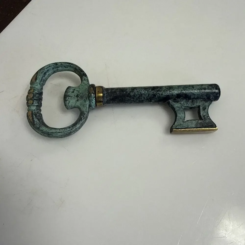 Vintage Brass Skeleton Key Wine Bottle Opener Corkscrew German Verdigris